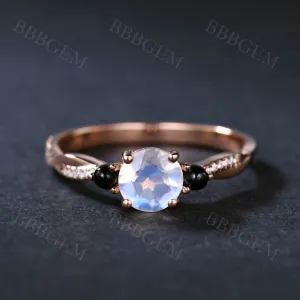 1 Carat Round Cut Moonstone Engagement Ring Black Onyx Diamond Size Stone