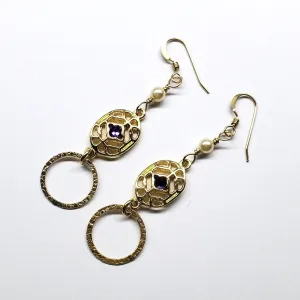 14 K Gold Filled Purple Crystal Hammered Circle Filigree Earrings