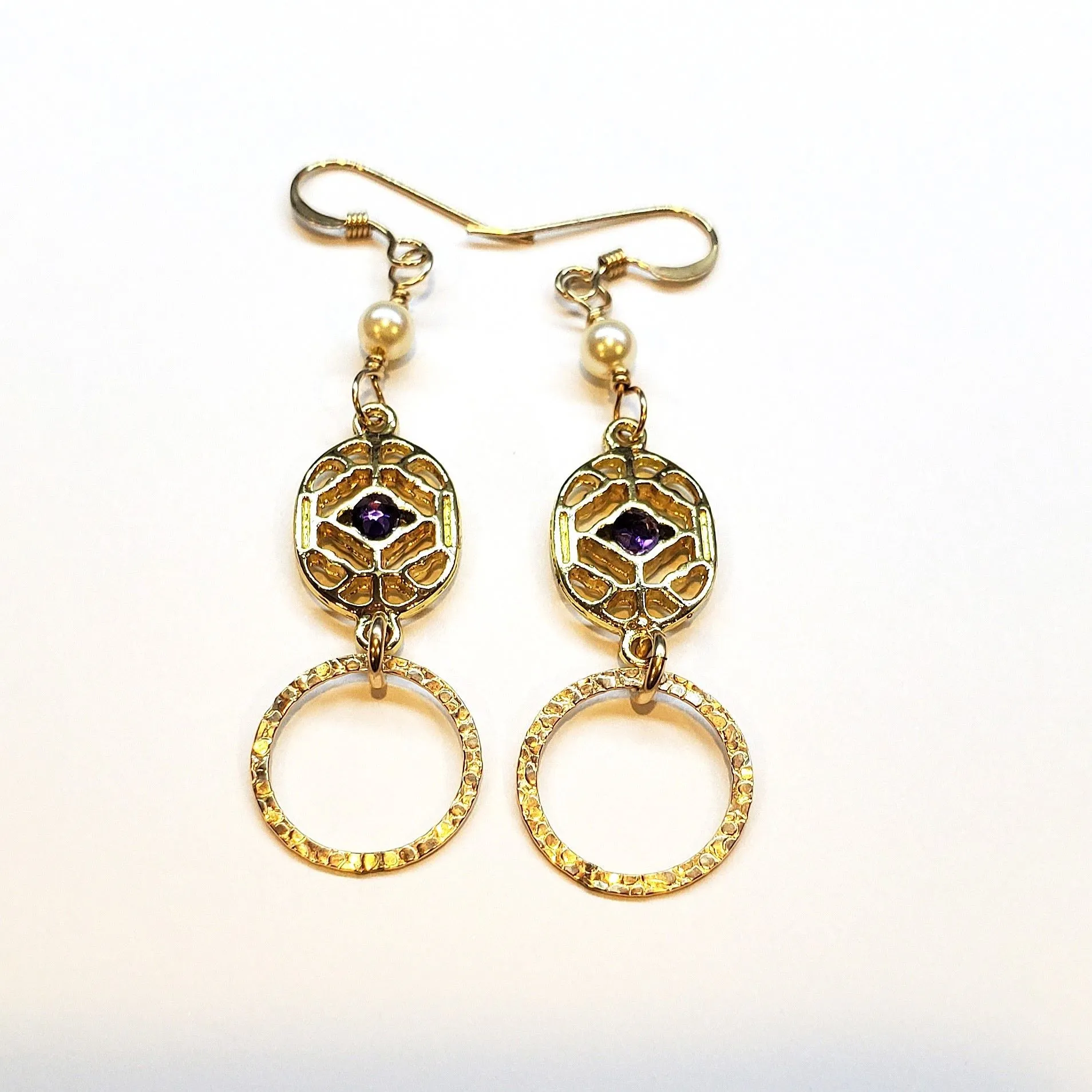 14 K Gold Filled Purple Crystal Hammered Circle Filigree Earrings