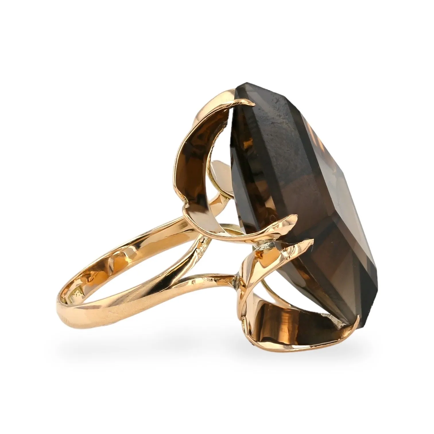 14K Yellow gold rhombus Smoke Quartz petals design Ring