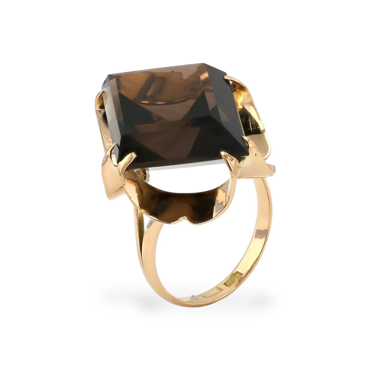 14K Yellow gold rhombus Smoke Quartz petals design Ring