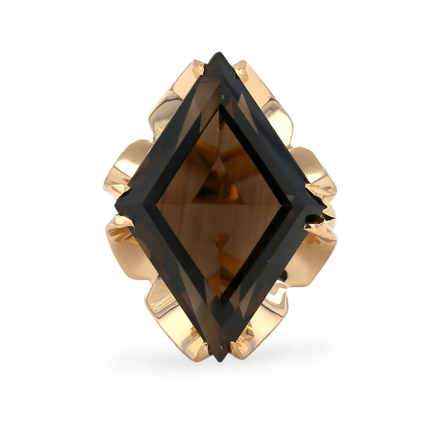 14K Yellow gold rhombus Smoke Quartz petals design Ring