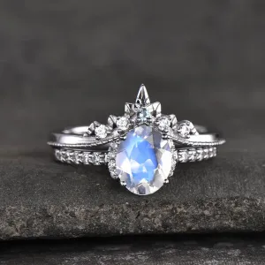 14K/18K Gold Oval Moonstone Diamond Art Deco Unique Engagement Ring Set