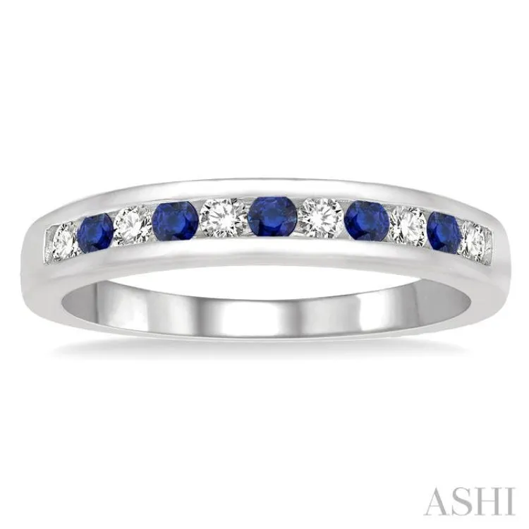 1/5 ctw Round Cut Diamond and 2MM Sapphire Precious Wedding Band in 14K White Gold