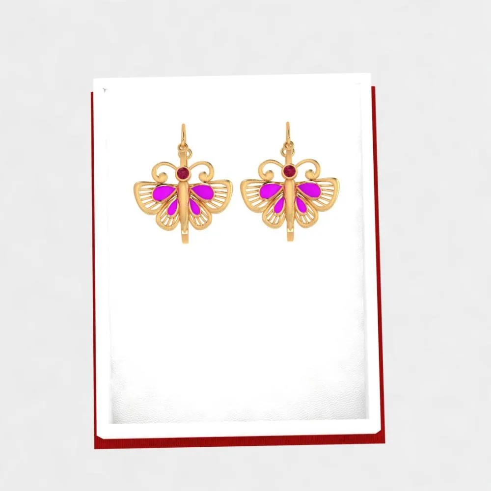 18k Classy Gold Butterfly Shaped Earrings With Red And Purple Stones