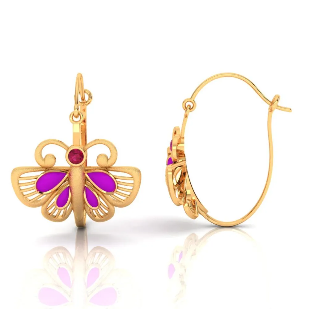 18k Classy Gold Butterfly Shaped Earrings With Red And Purple Stones