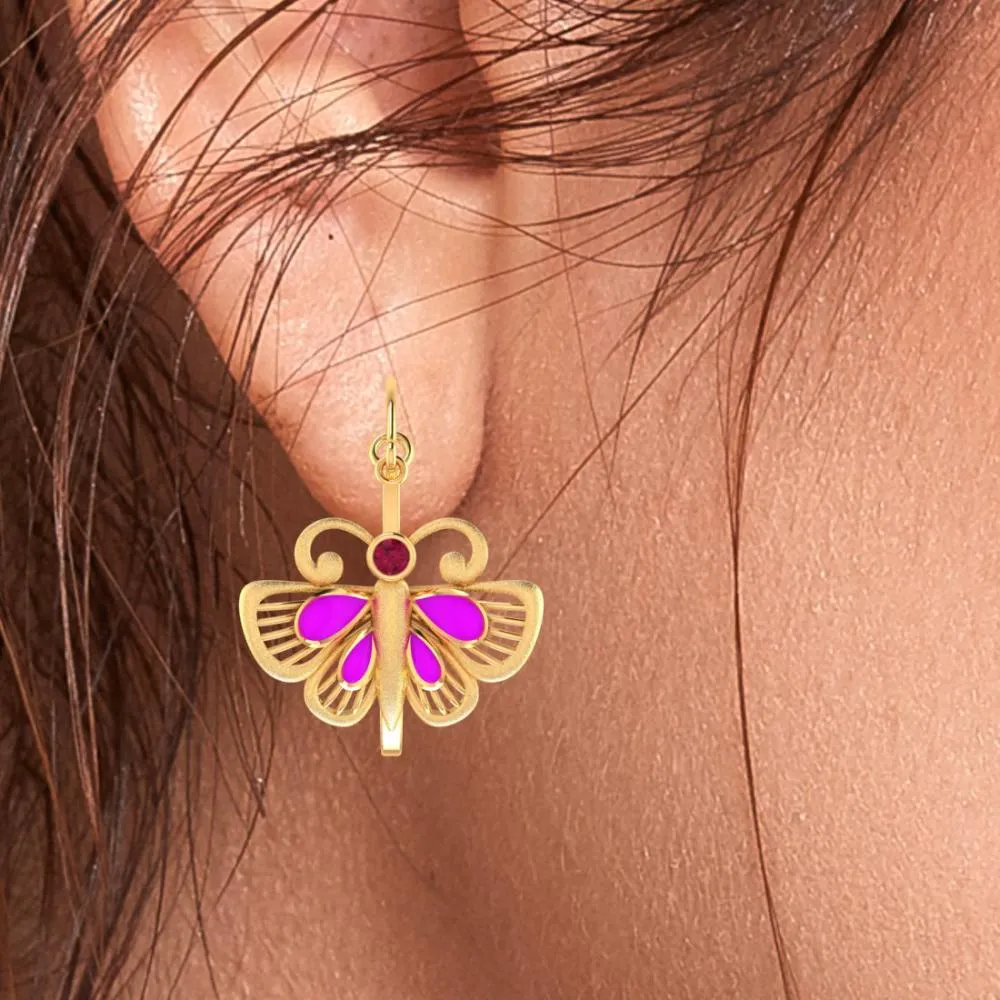 18k Classy Gold Butterfly Shaped Earrings With Red And Purple Stones