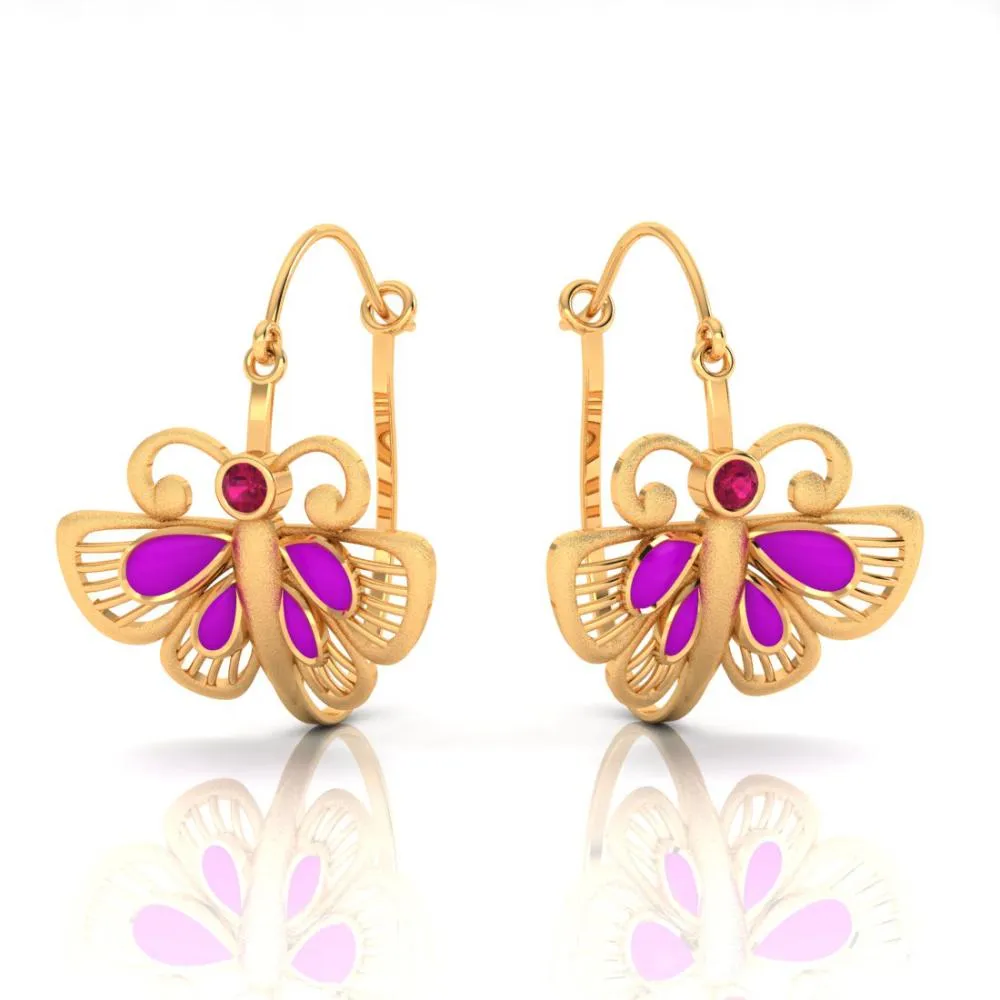 18k Classy Gold Butterfly Shaped Earrings With Red And Purple Stones