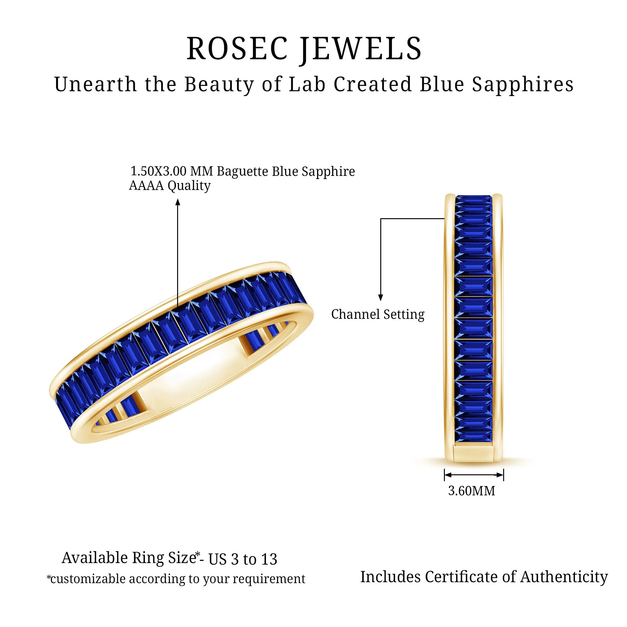 2.5 CT Channel Set Baguette Cut Created Blue Sapphire Eternity Band Ring