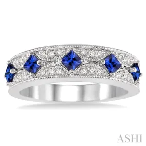 2.5 mm Princess Cut Sapphire and 1/6 Ctw Round Cut Diamond Band in 14K White Gold