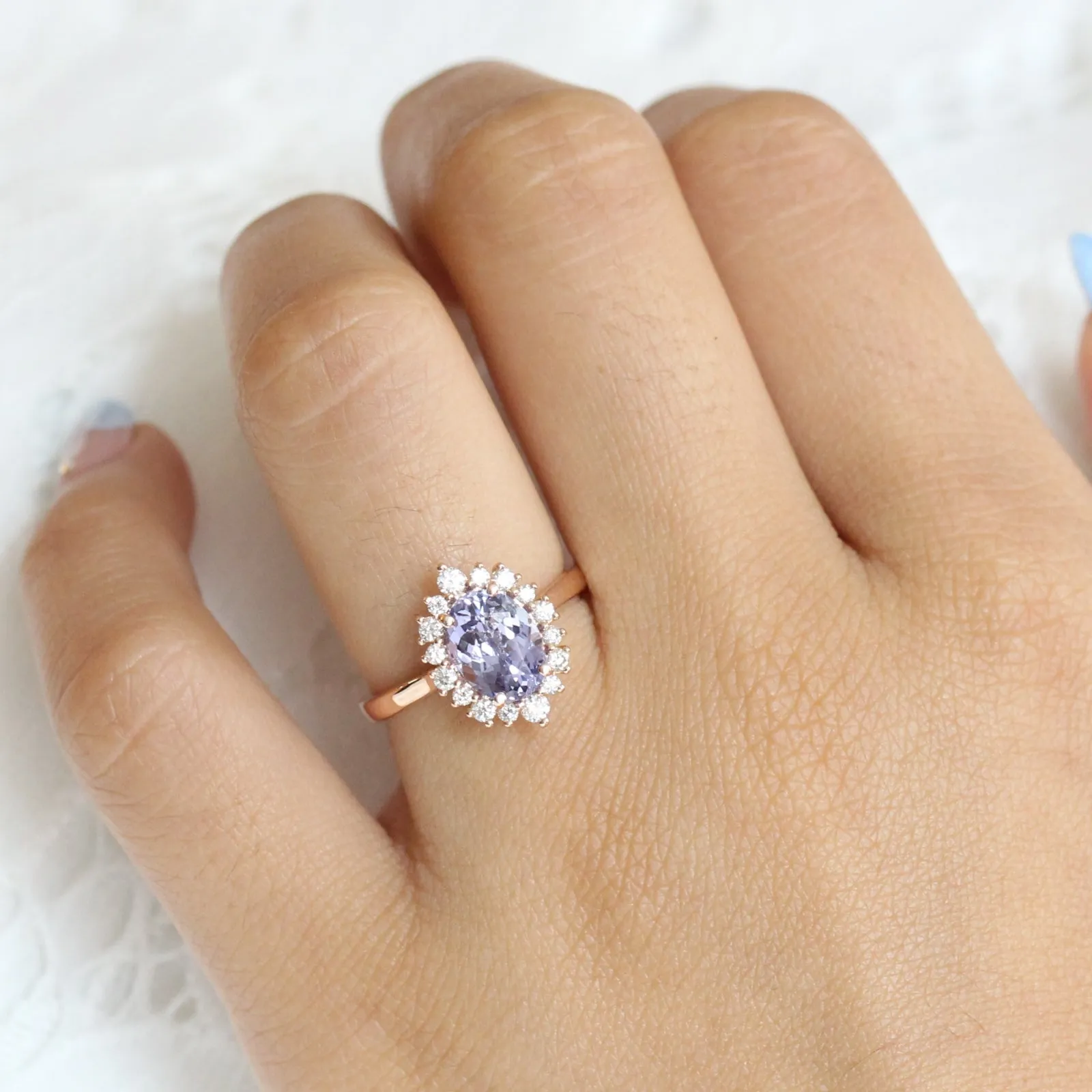 2.55 Ct Large Lavender Purple Sapphire Ring in 14k Rose Gold Tiara Halo Diamond, Size 6.5