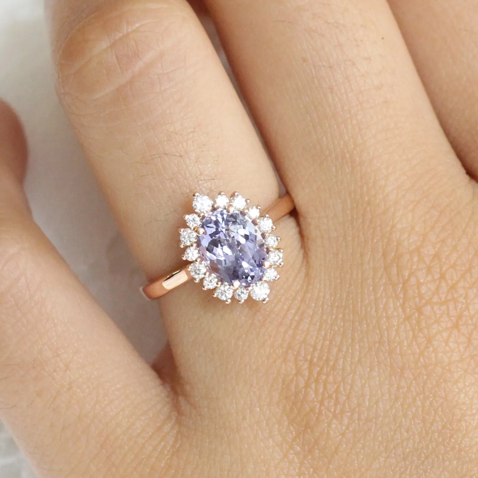 2.55 Ct Large Lavender Purple Sapphire Ring in 14k Rose Gold Tiara Halo Diamond, Size 6.5