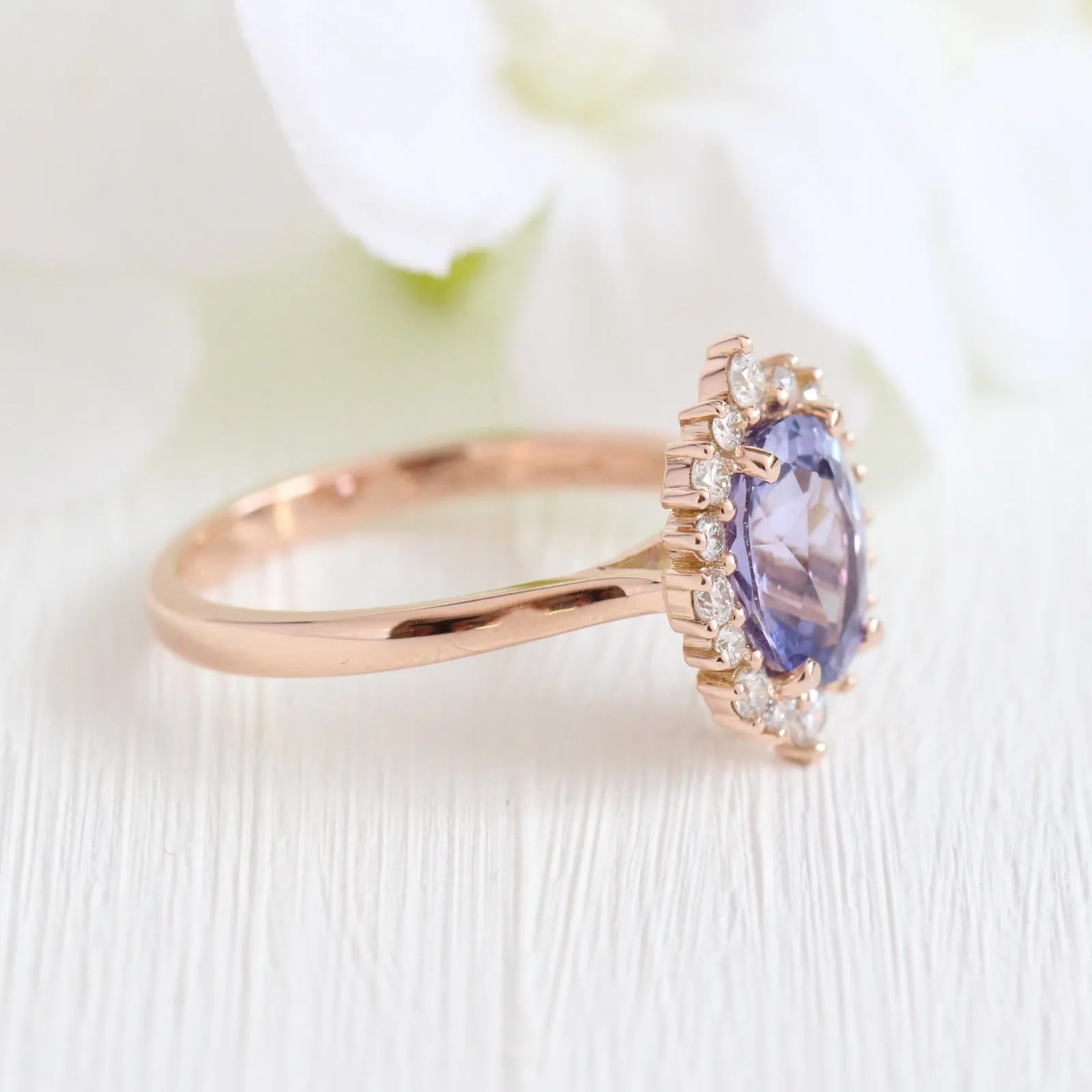 2.55 Ct Large Lavender Purple Sapphire Ring in 14k Rose Gold Tiara Halo Diamond, Size 6.5