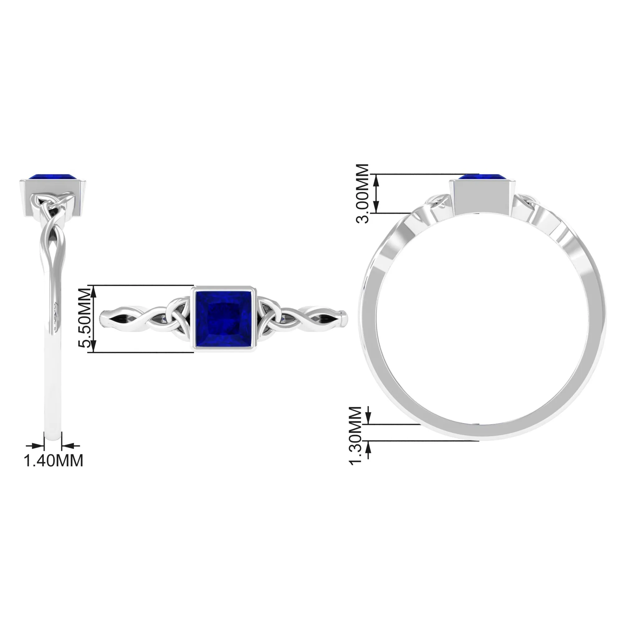 5 MM Princess Cut Lab Grown Blue Sapphire Celtic Solitaire Ring