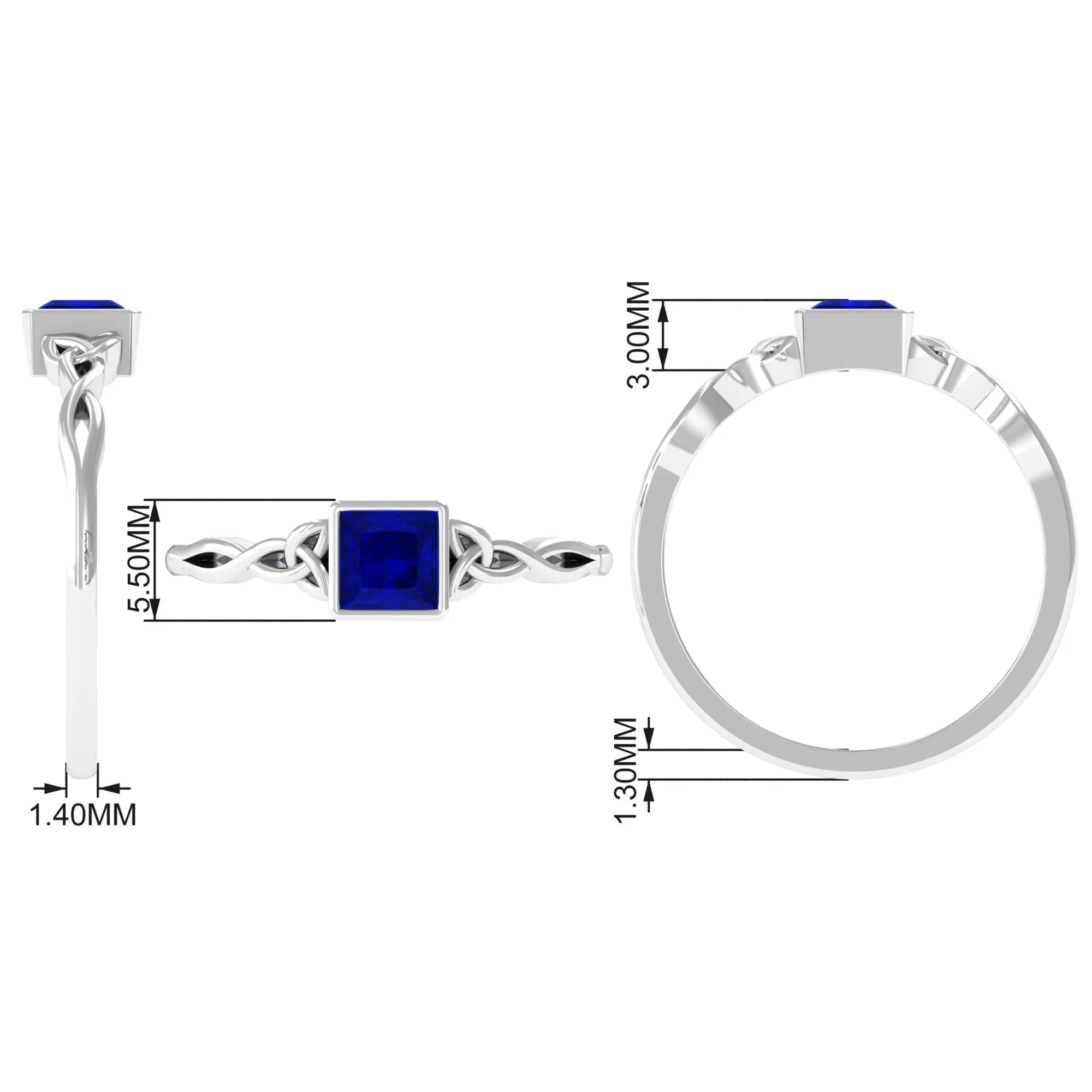 5 MM Princess Cut Lab Grown Blue Sapphire Celtic Solitaire Ring