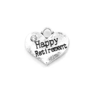 5 Pcs Tibetan Silver and Rhinestone Happy Retirement Heart 14X16mm 3D Charms Pendants