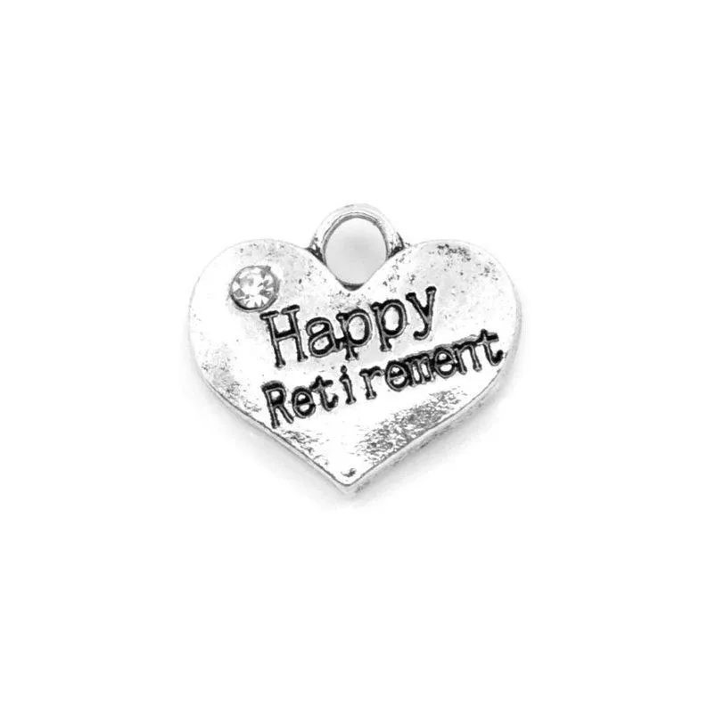 5 Pcs Tibetan Silver and Rhinestone Happy Retirement Heart 14X16mm 3D Charms Pendants