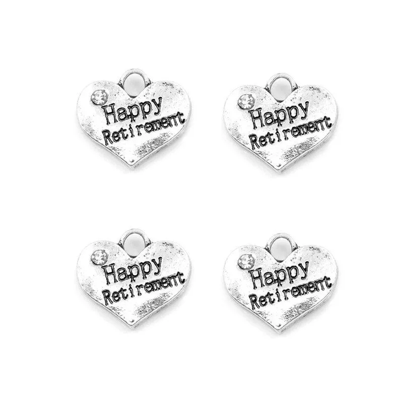 5 Pcs Tibetan Silver and Rhinestone Happy Retirement Heart 14X16mm 3D Charms Pendants