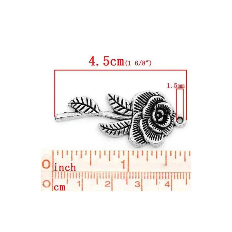 5 Pcs Tibetan Silver ROSE 45mm x 20mm Charms Pendants, Lead & Nickel Free Metal Charms Pendants Beads