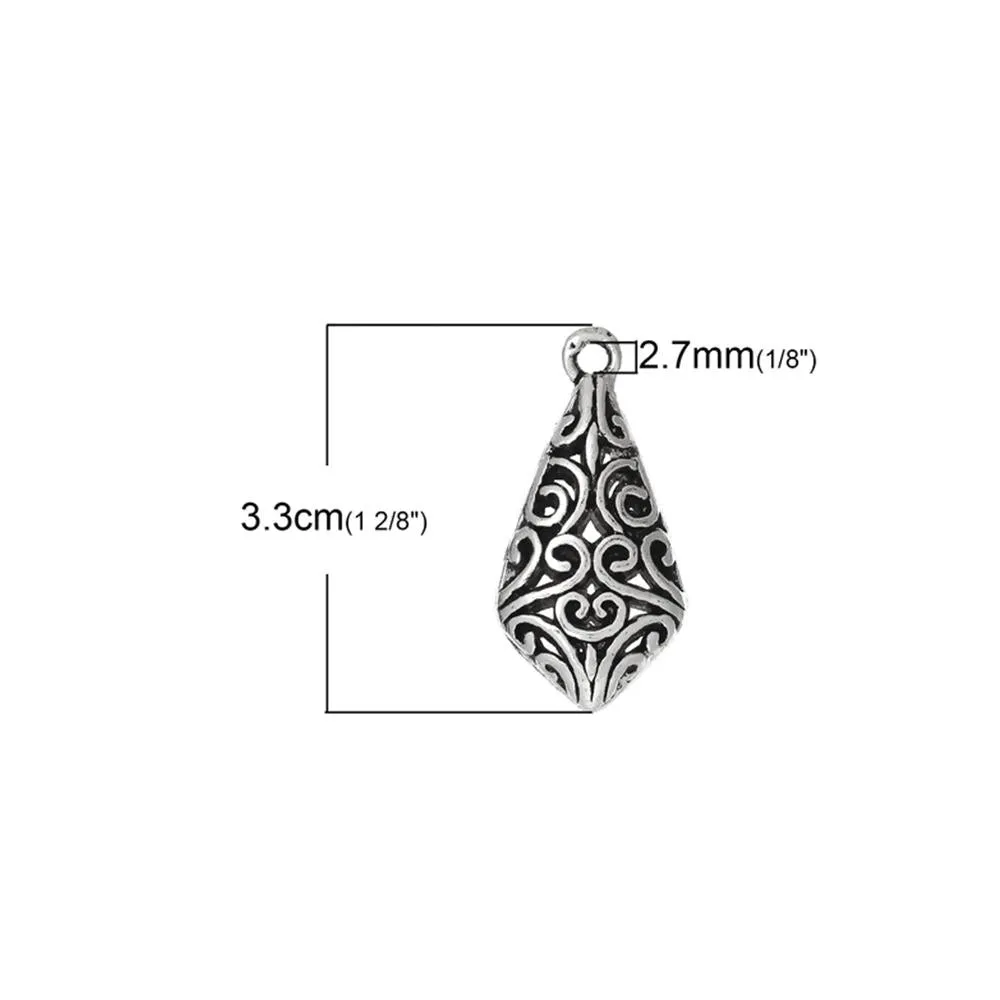 5 Pcs Tibetan Silver TEARDROP PATTERN HOLLOW CARVED 33mm x 17mm Charms Pendants, Lead & Nickel Free Metal Charms Pendants Beads