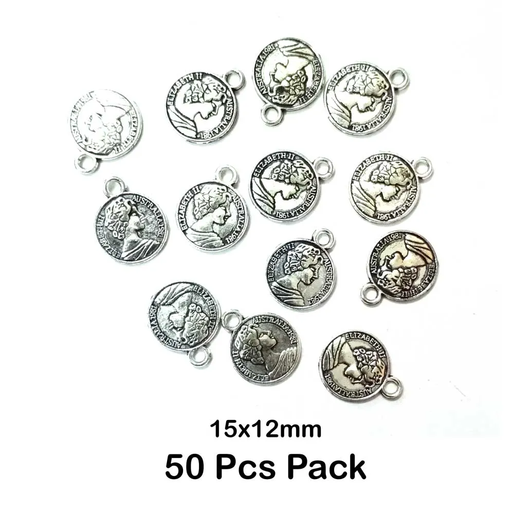 50 Pcs Pack, Oxidized Plated 15x12mm Coin Charms Pendant for Jewelry