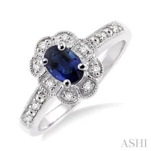 6x4  MM Oval Cut Sapphire and 1/20 ctw Single Cut Diamond Ring in Sterling Silver