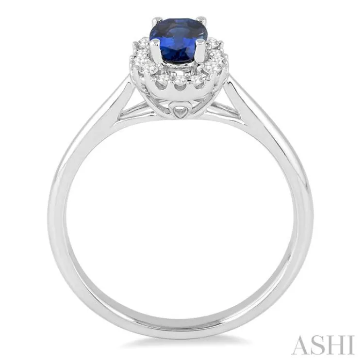 6x4 MM Oval Cut Sapphire and 1/6 Ctw Round Cut Diamond Ring in 14K White Gold