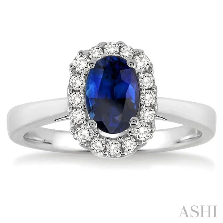 6x4 MM Oval Cut Sapphire and 1/6 Ctw Round Cut Diamond Ring in 14K White Gold