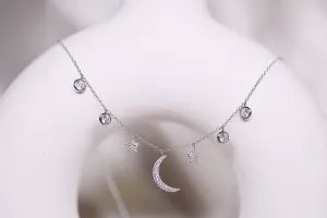 92.5 Silver Crescent moon and star silver necklace