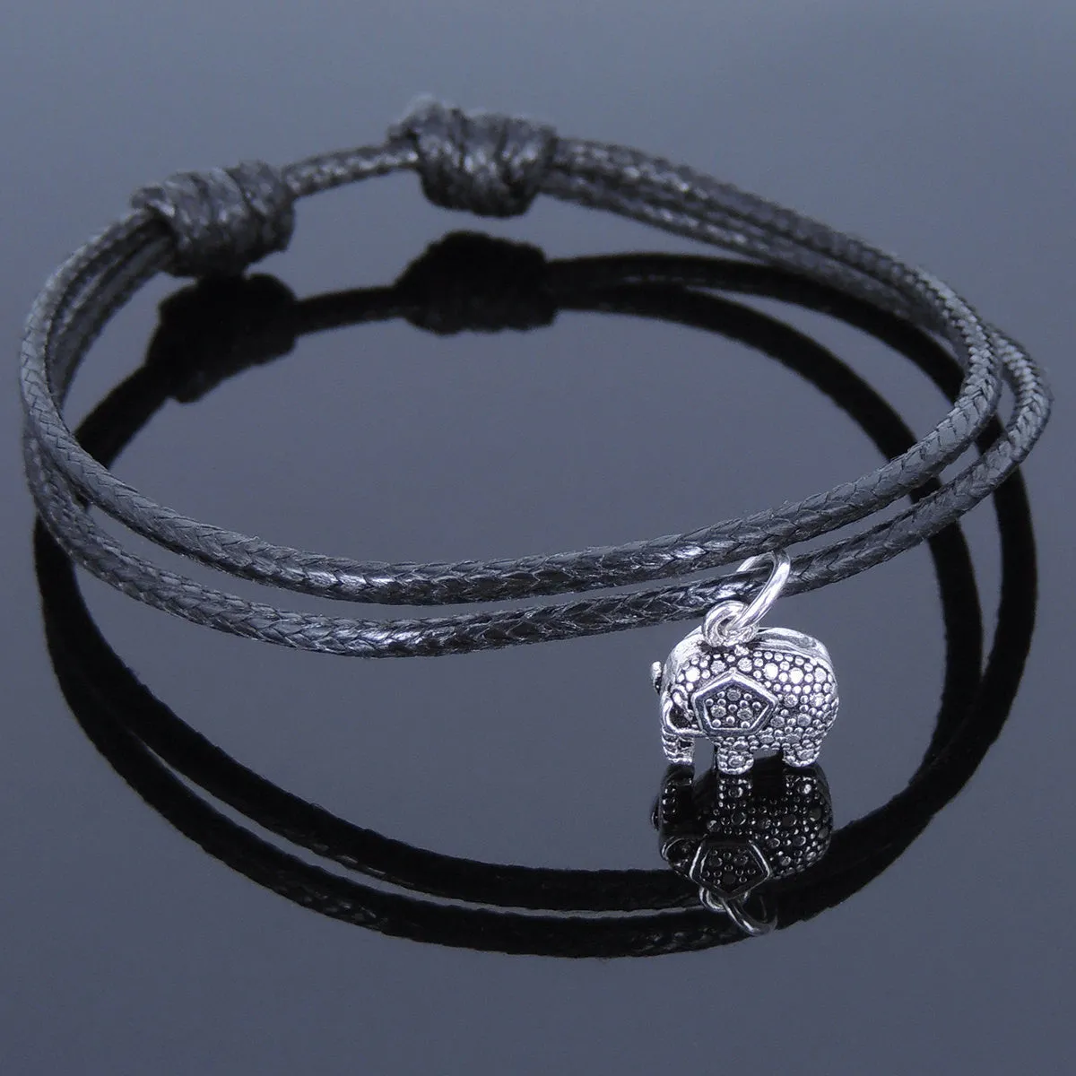 925 Sterling Silver Vintage Elephant Pendant Handmade Adjustable Wax Rope Bracelet Men Women DiyNotion BR524