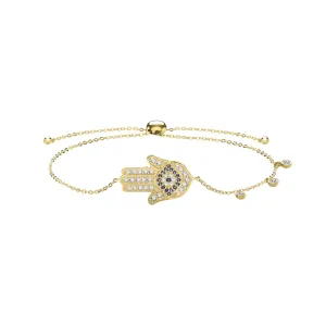 9CT GOLD WHITE AND BLUE CZ HAMSA PULL STYLE BRACELET