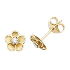 9ct Yellow Gold Flower With Single Zirconia Stud Earrings ES558