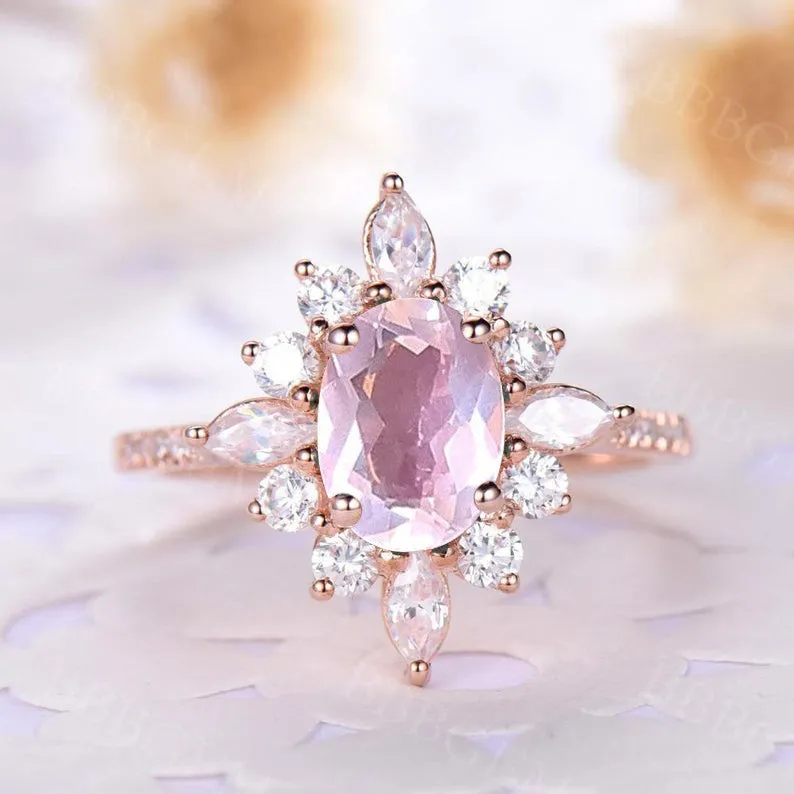 Art Deco Oval Cut Rose Quartz Engagement Ring Marquise Shaped Moissanite