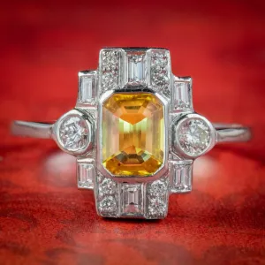 Art Deco Style Yellow Sapphire Diamond Ring 0.80ct Sapphire