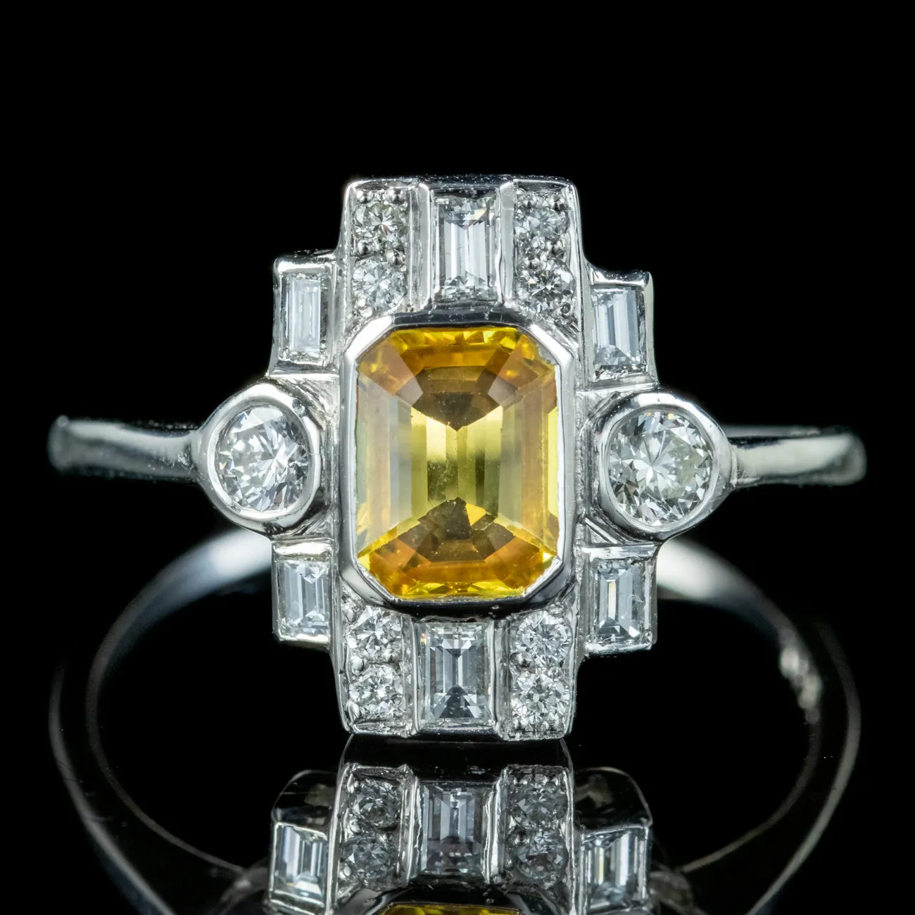 Art Deco Style Yellow Sapphire Diamond Ring 0.80ct Sapphire