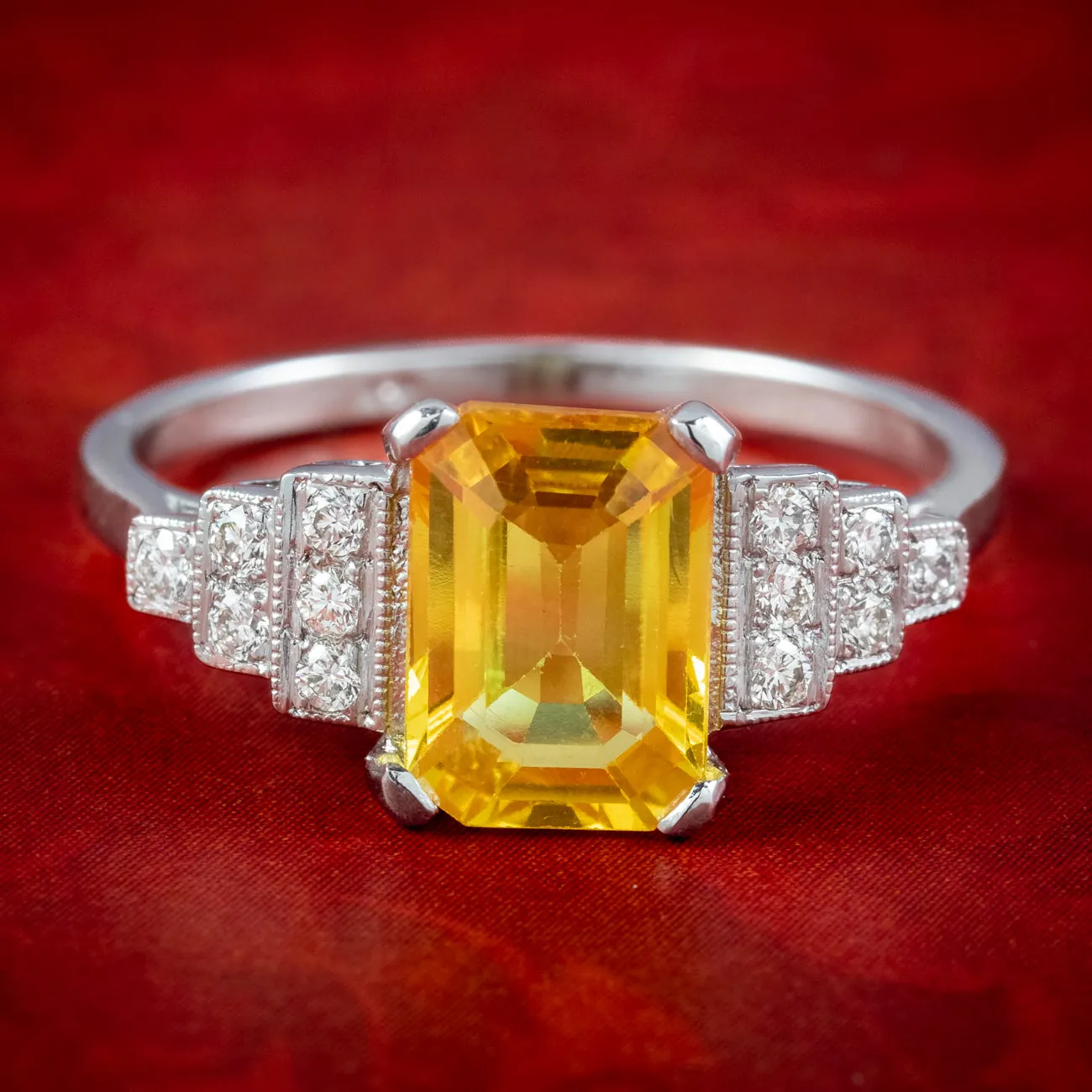 Art Deco Style Yellow Sapphire Diamond Ring 2.1ct Sapphire