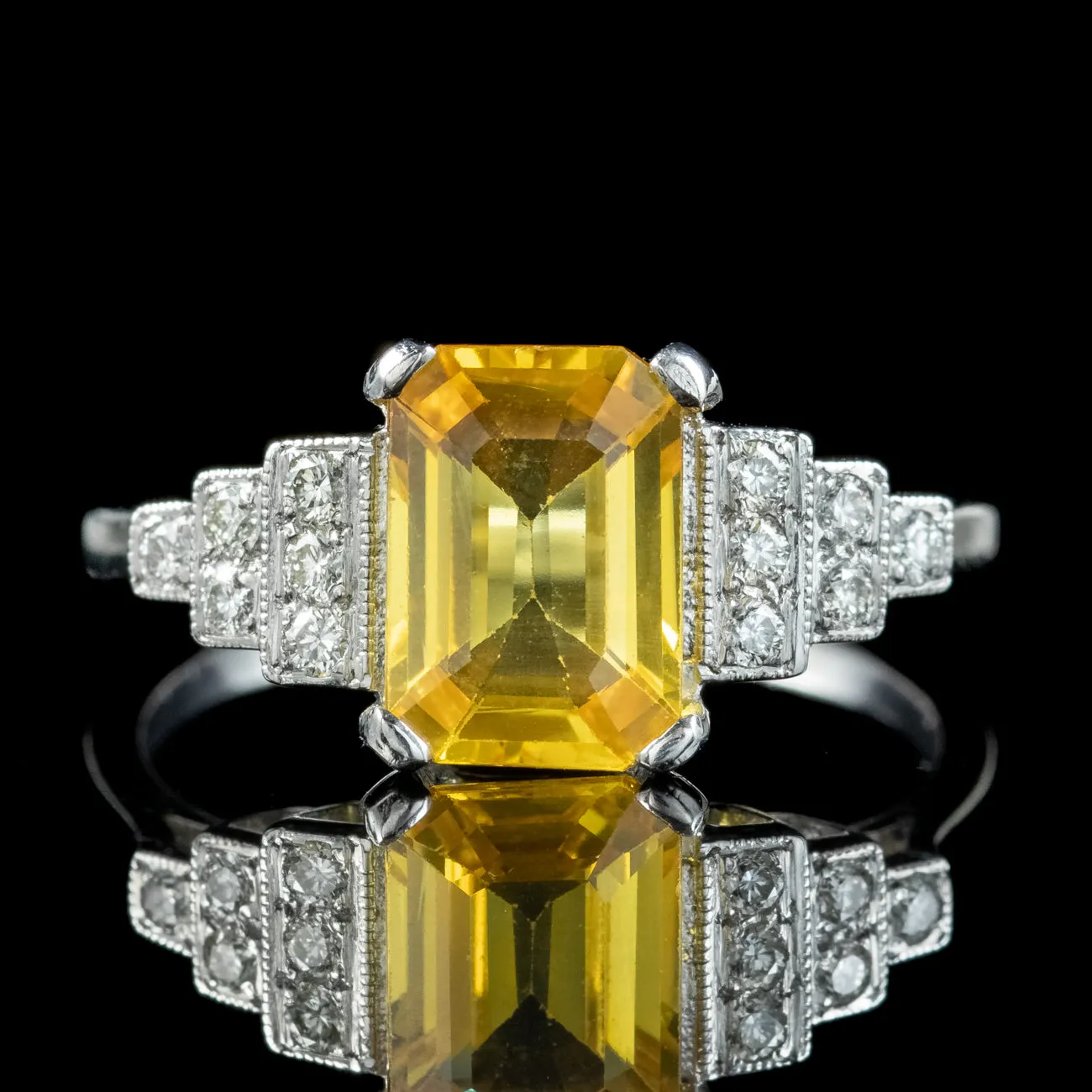 Art Deco Style Yellow Sapphire Diamond Ring 2.1ct Sapphire