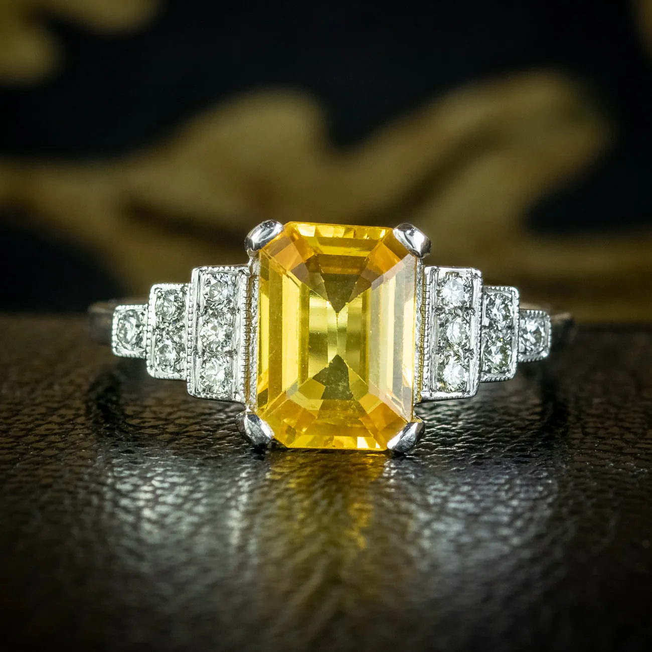 Art Deco Style Yellow Sapphire Diamond Ring 2.1ct Sapphire