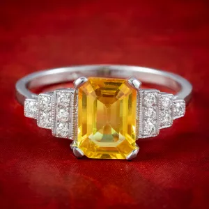 Art Deco Style Yellow Sapphire Diamond Ring 2.1ct Sapphire