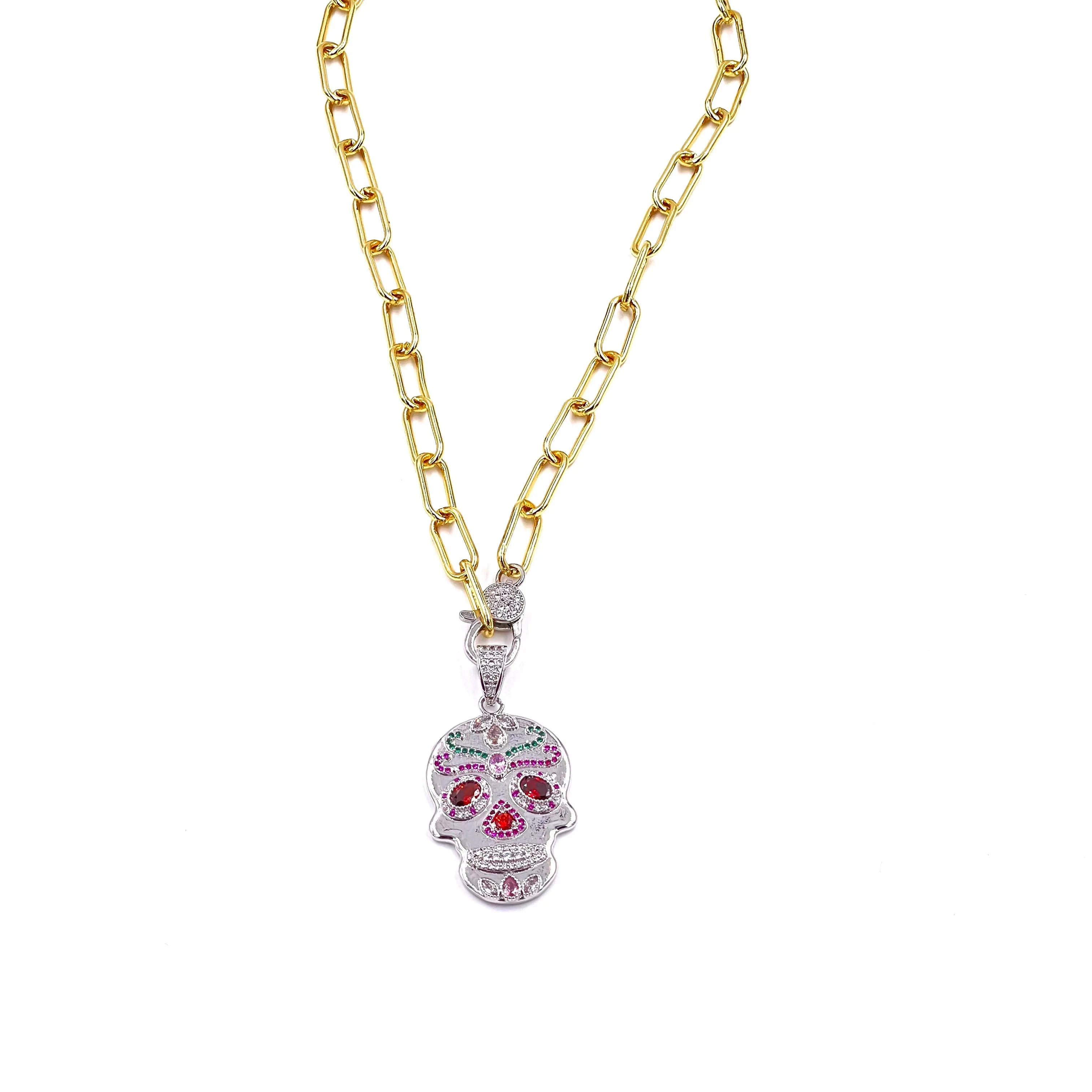 Ashley Gold Stainless Steel Gold Plated Link Colorful CZ Skull Pendant Necklace