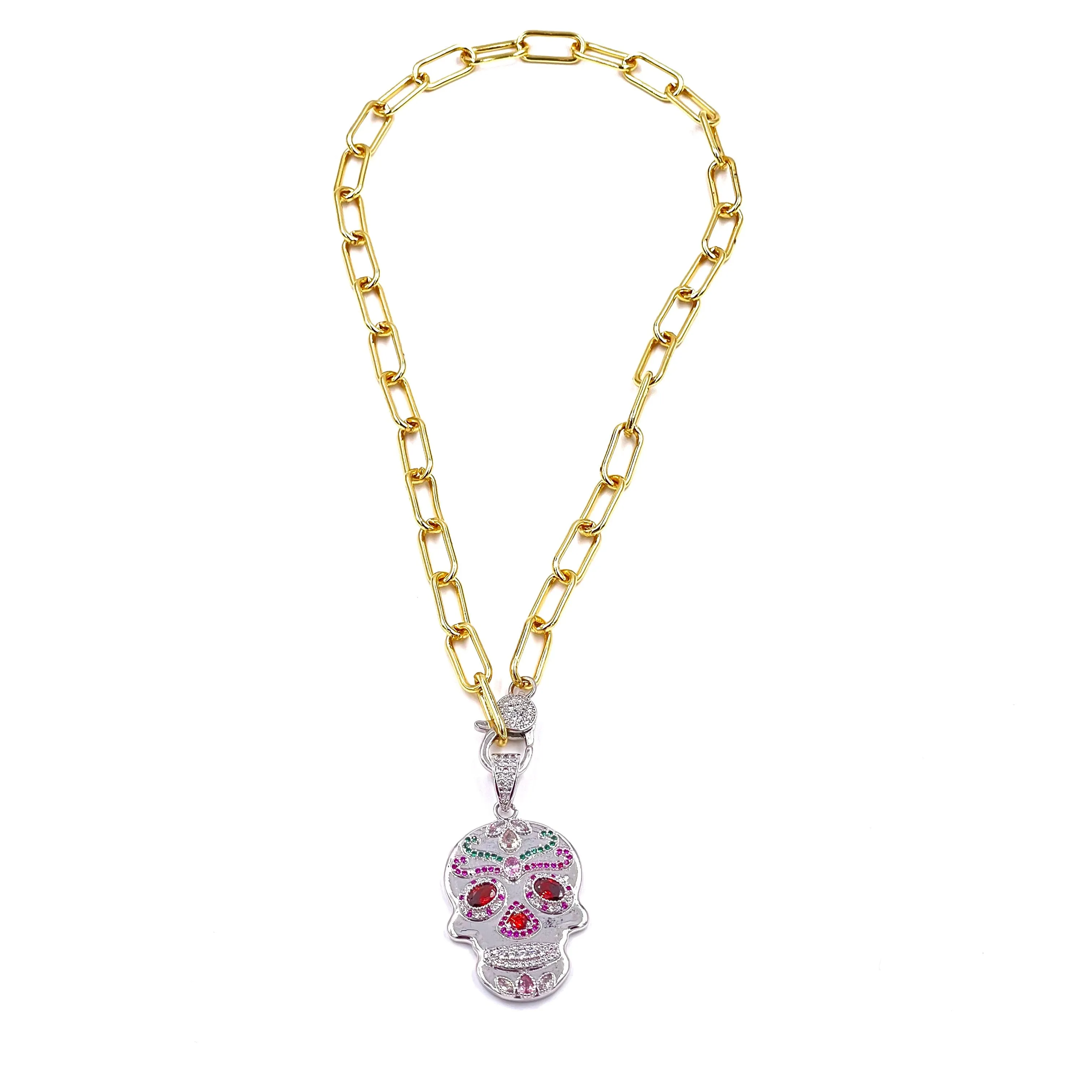 Ashley Gold Stainless Steel Gold Plated Link Colorful CZ Skull Pendant Necklace