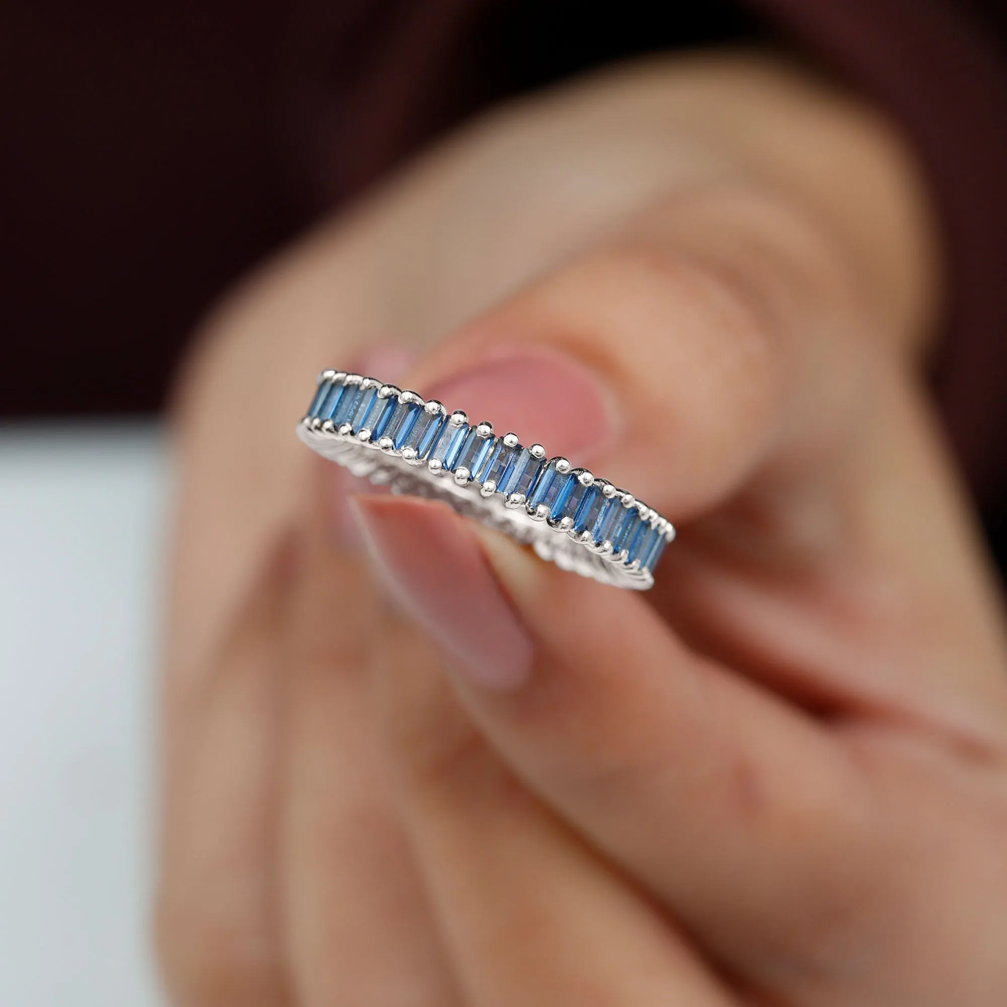 Baguette Cut Created Blue Sapphire Eternity Band Ring