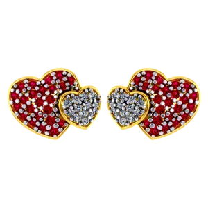 Beautiful Dual Heart Shaped 18k Diamond Earrings With Red Detailing