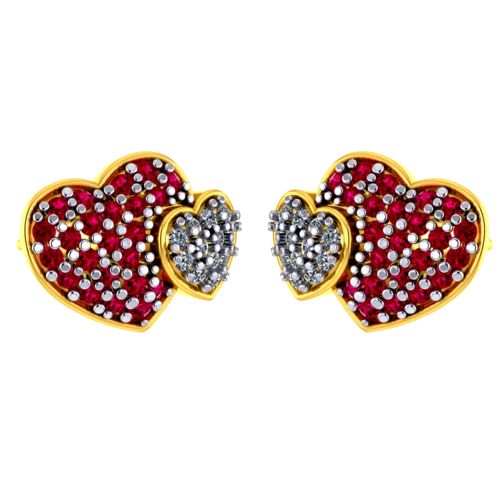 Beautiful Dual Heart Shaped 18k Diamond Earrings With Red Detailing