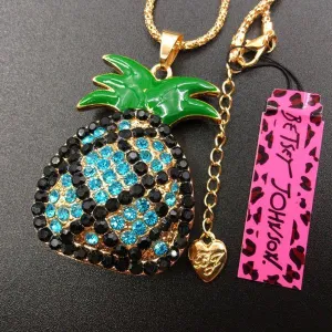 Betsey Johnson Blue & Black Crystal Pineapple Gold Necklace