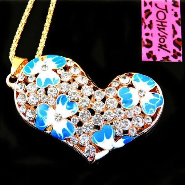 Betsey Johnson Crystal Blue Enamel Flower Heart Gold Necklace