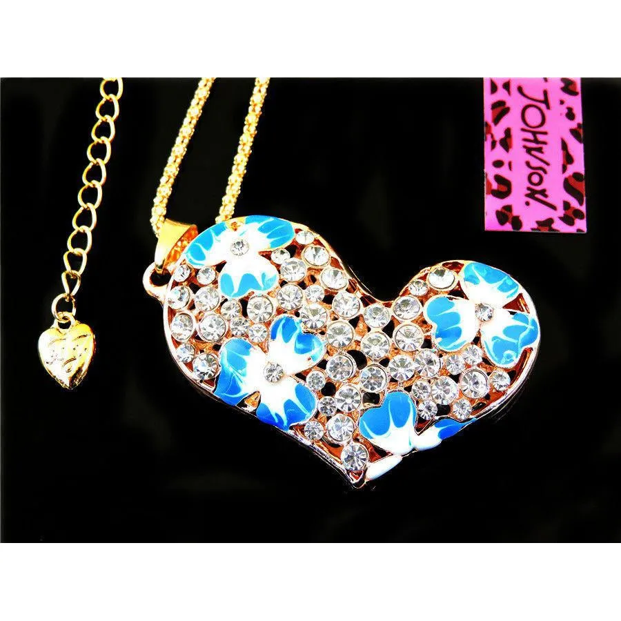 Betsey Johnson Crystal Blue Enamel Flower Heart Gold Necklace