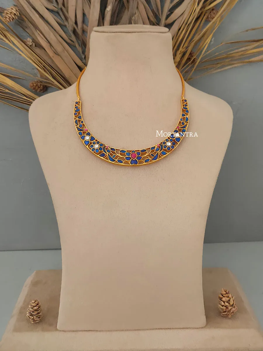 Blue Color Gold Plated Temple Necklace - TMPNK11B