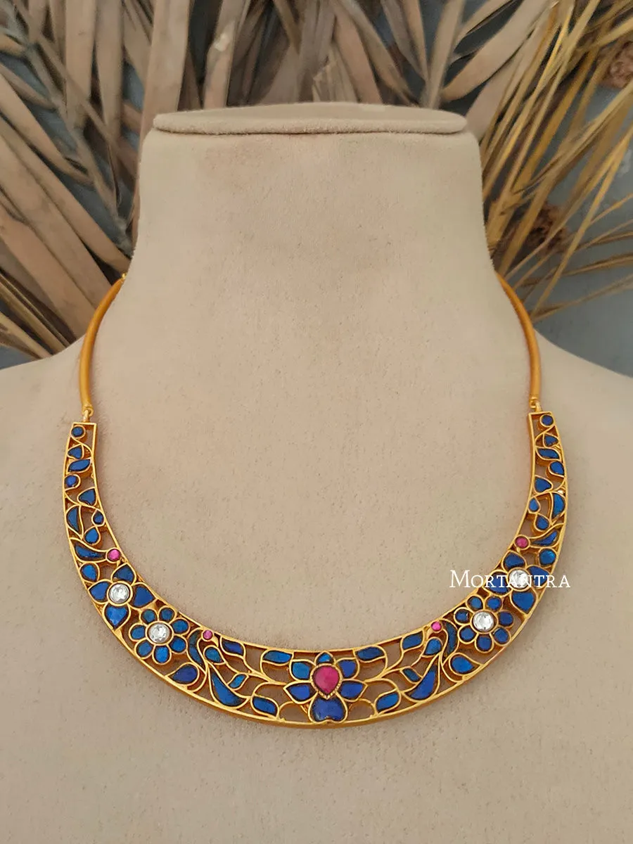 Blue Color Gold Plated Temple Necklace - TMPNK11B