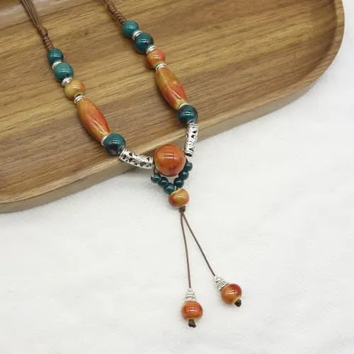 Boho Long Pendant Y Necklace for Women, Ceramic Beads Strand Y Necklace, Bohemian Jewelry Gifts for Women Girls(DZ 9)